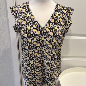 EUC Floral V-Neck Blouse in Black and Yellow